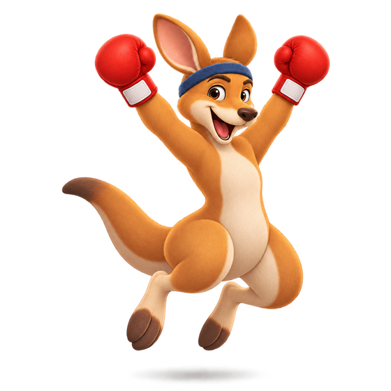 Roo jumping with both gloves raised