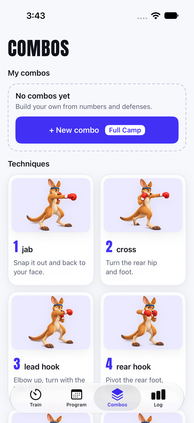 Roojab Combos screen with technique cards