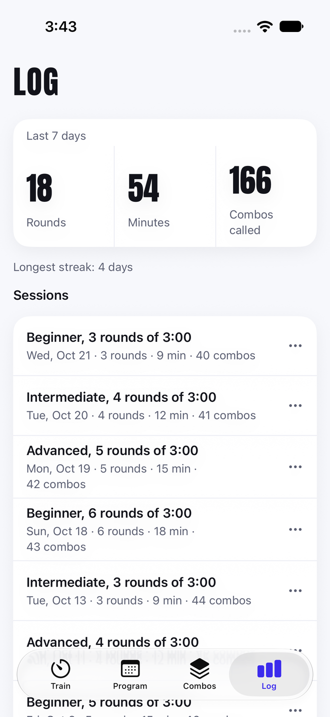 Roojab Log screen with weekly totals and past sessions