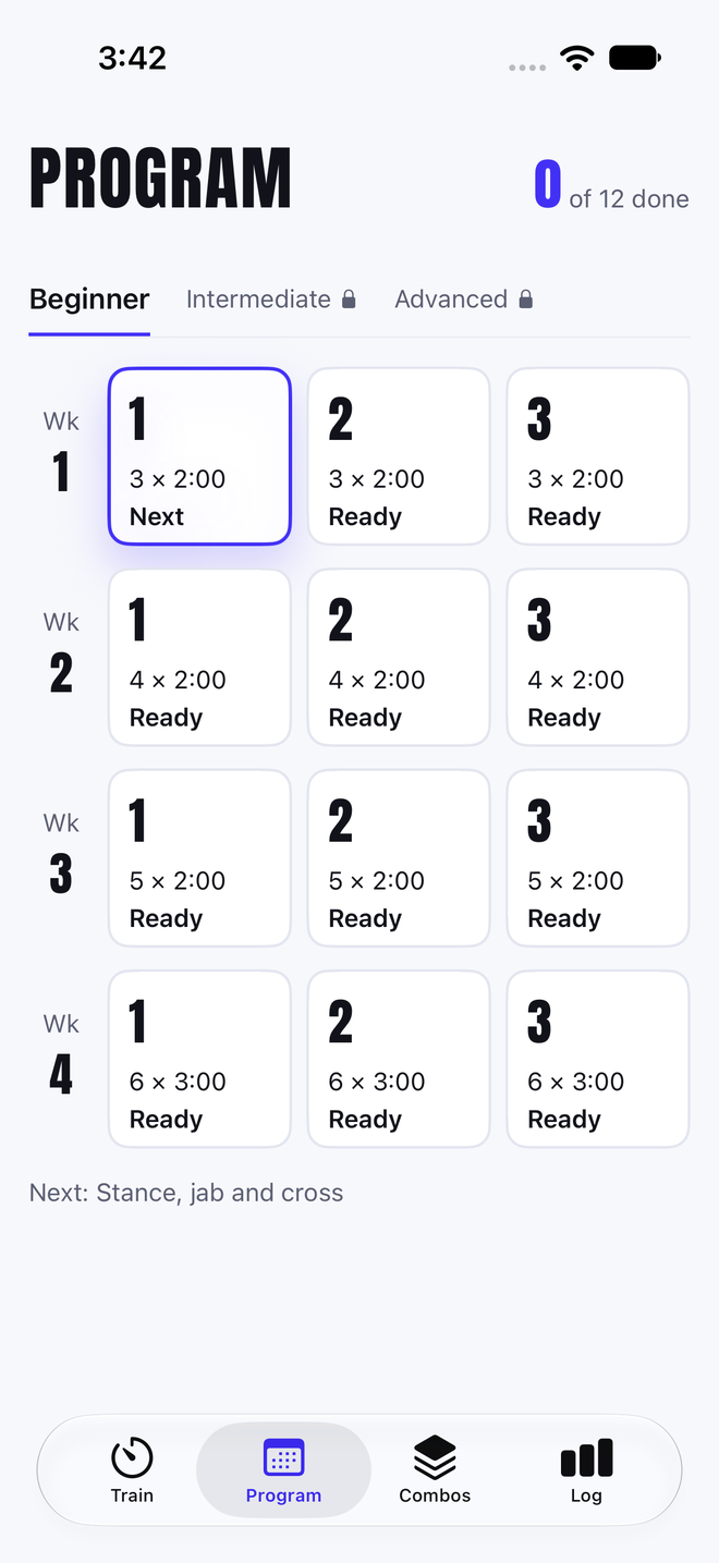 Roojab Program screen with 12 sessions over 4 weeks