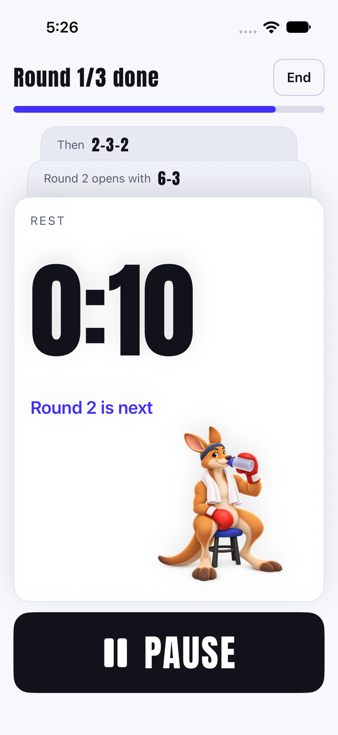 Roojab rest screen with a 0:31 countdown and Roo drinking water
