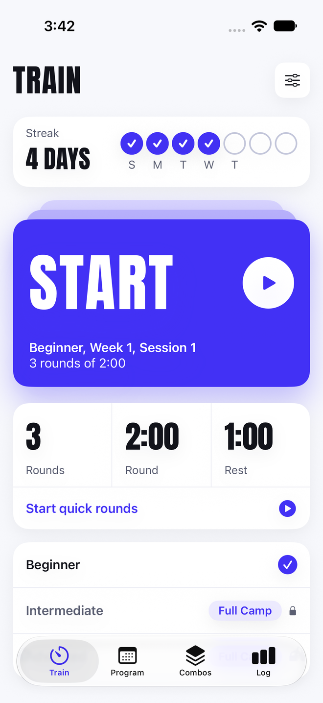 Roojab Train screen with a large Start slab, quick settings and level rows
